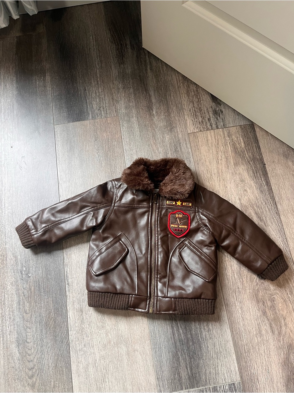 Brown Faux Leather Aviator Jacket with Patch